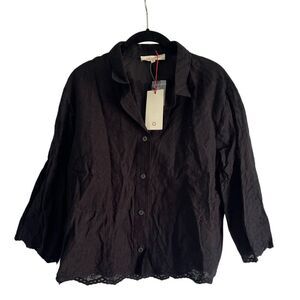 Solitaire Black Lace-Trim Button-Up Blouse Elegant Evening‎ Wear A25
